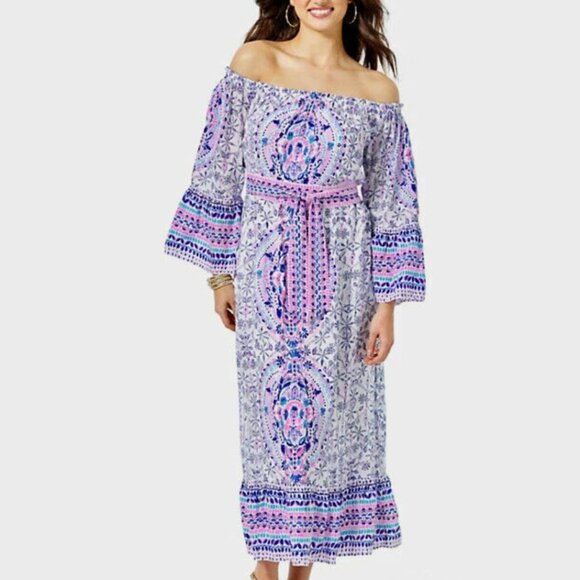 Lilly Pulitzer ABIGALE OFF THE SHOULDER MIDI DRESS-Size M- White Time To Shine - Picture 2 of 10
